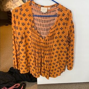 Anthropologie Orange Blue 3/4 Sleeve Pleated Blouse